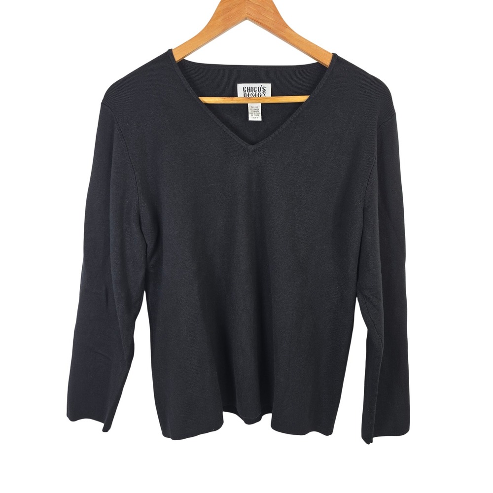 Chico's Design Black Silk Blend V-Neck Long Sleeve Pullover Sweater Size 3 L XL